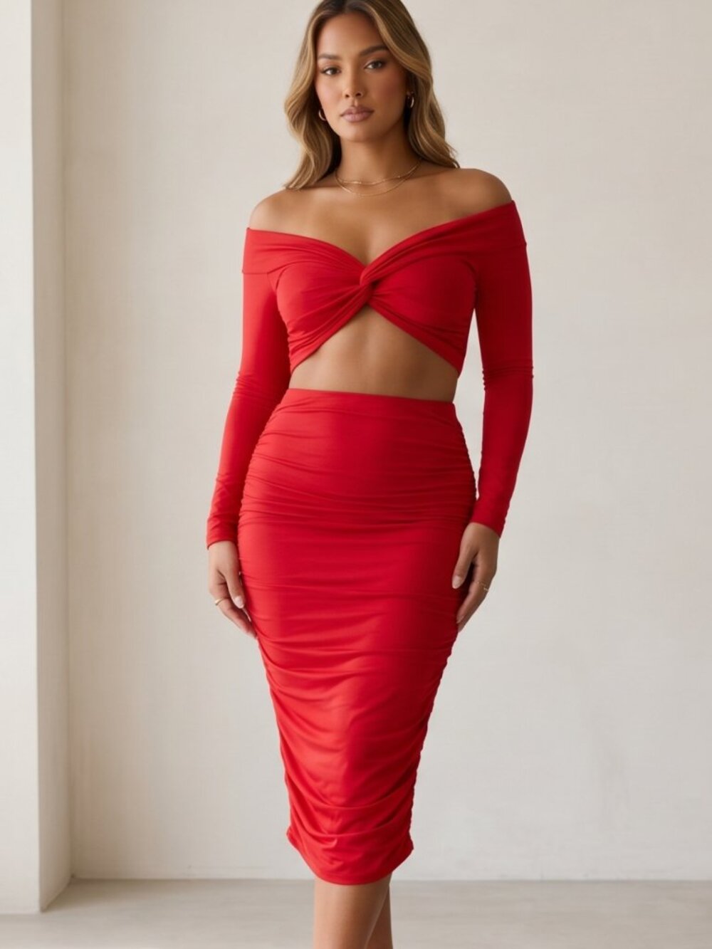 NWT | AZ Thriving Vibrant Red 2-Piece Set | Knot Crop Top & Ruched Mini Skirt |